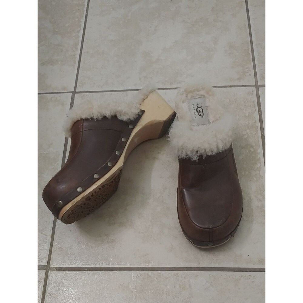 UGG Y2K Kalie Clogs Shearling Lined Brown Leather Mules Women's Size 6